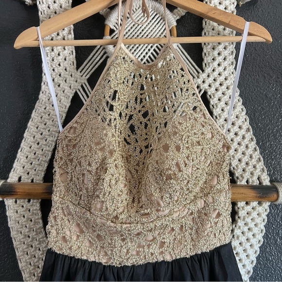 B Smart Prom Dress Size 1/2 Hi Low Sheer Gold Rhinestone Beaded Hoco Evening Y2K - Picture 3 of 9